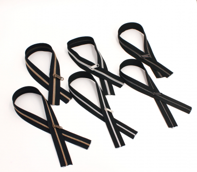 Preview: Endlosreißverschluss- Set metallisiert schwarz/messing-antik, schwarz/silber, schwarz/titan (6 x 50 cm)